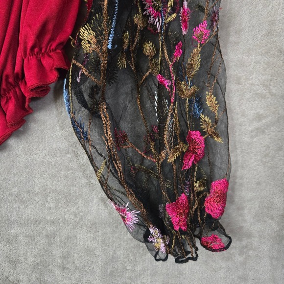 Floral‎ Mesh Sheer Embroidered Puff Sleeve Whimsical Crop Top Fairy Large Womens - Picture 3 of 7